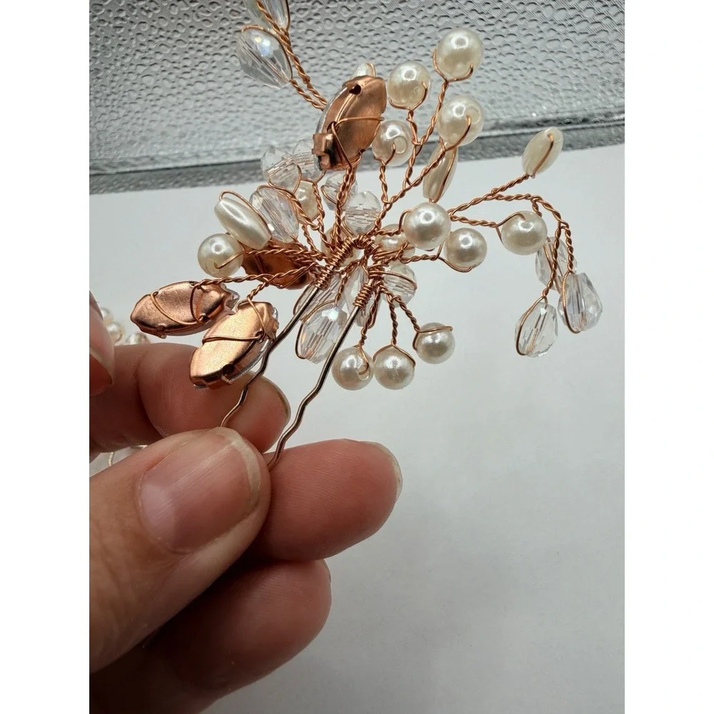 Set of 2 Rose Gold Tone Faux Pearl and Crystal Bridal Hair Pins Wedding Acc